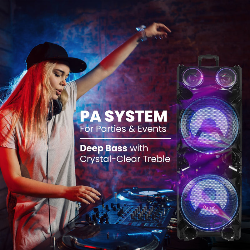 12000W Rechargeable Bluetooth Party Speaker Karaoke Machine PA System with Deep Bass & Neon Tube Lights. For Parties and Events. Qaise Bass Thumper