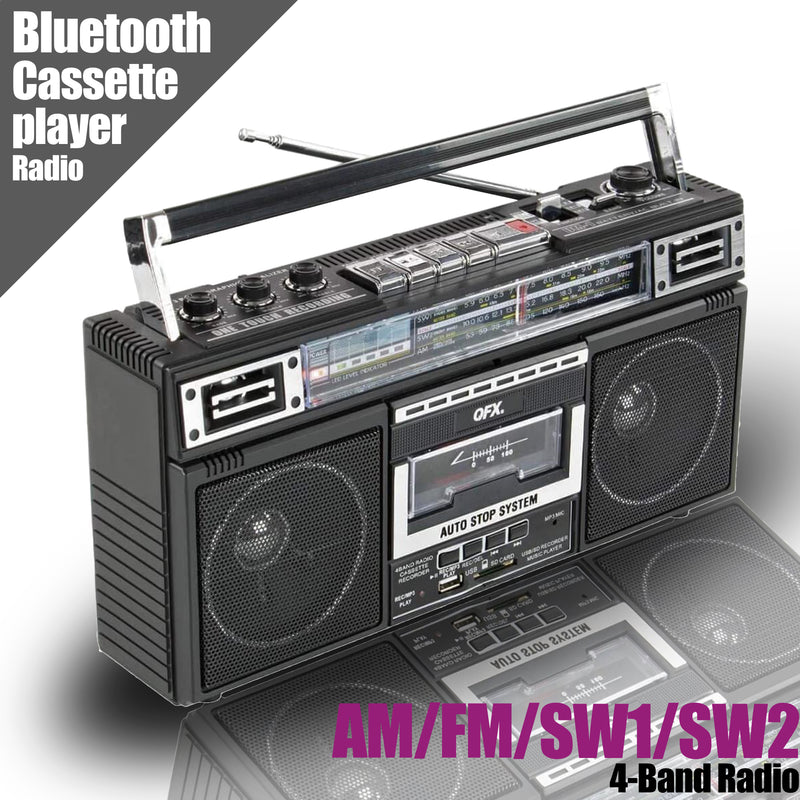 RetroBox- Bluetooth ReRun X Cassette Player Boombox with 4-Band Radio,