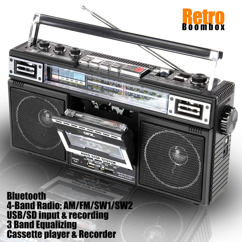 QFX J-220BT Rerun x Cassette Player Boombox with 4-Band Radio MP3 Converter and Bluetooth
