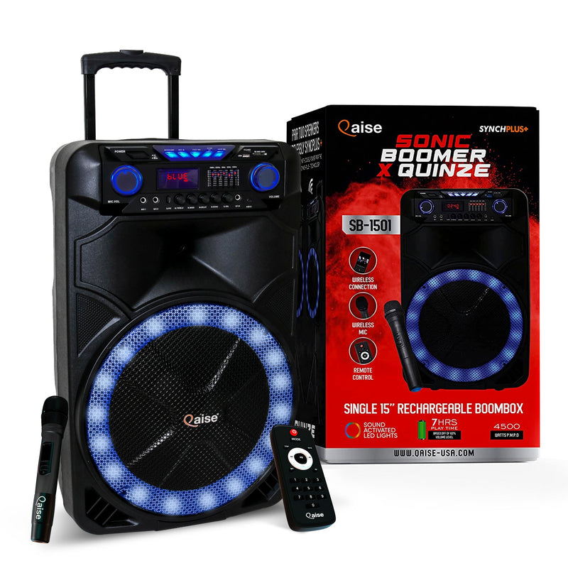 4500 Watts Peak Power 15” Portable Bluetooth Party Boombox and Karaoke Machine by Qaise. Wireless Microphone, 7+ Hrs Play Time