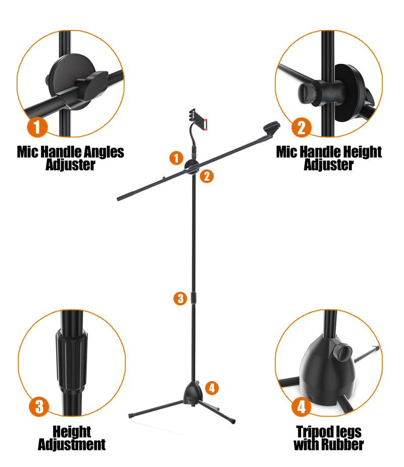 QAISE Microphone Stand – Adjustable Mic Stand Boom - Microphone Stand Tablet Holder for Karaoke, Studio, Parties, Rehearsals and Phone Holder