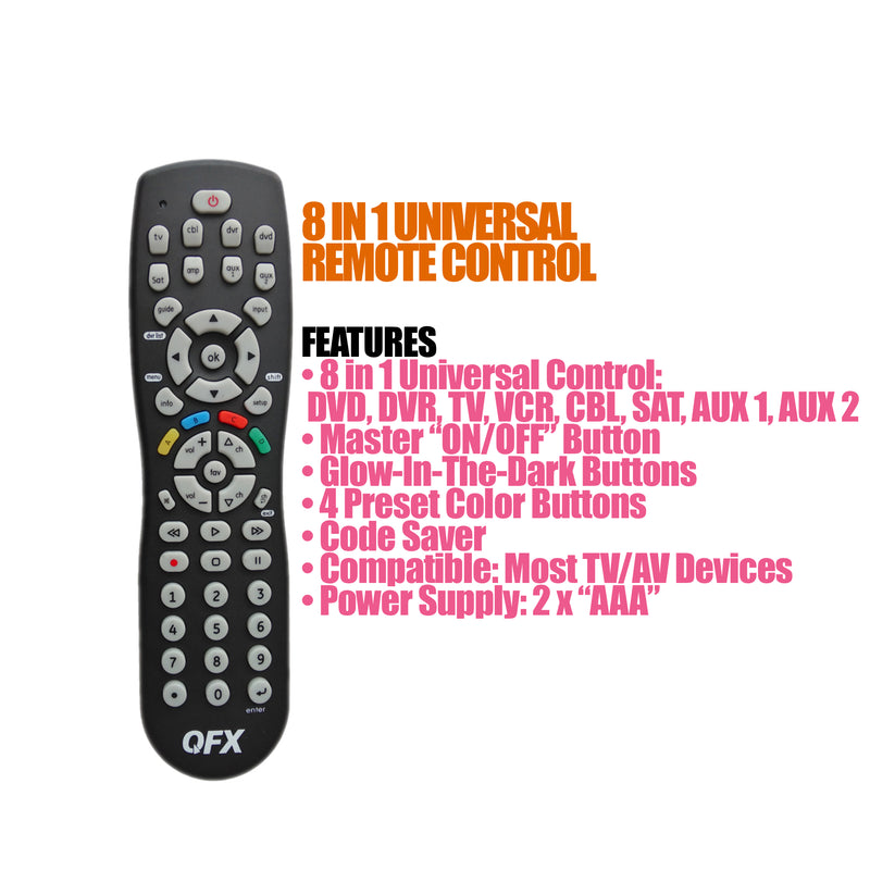 Universal remote control for DVD, DVR, TV, VCR, CBL, SAT with glow in the dark buttons