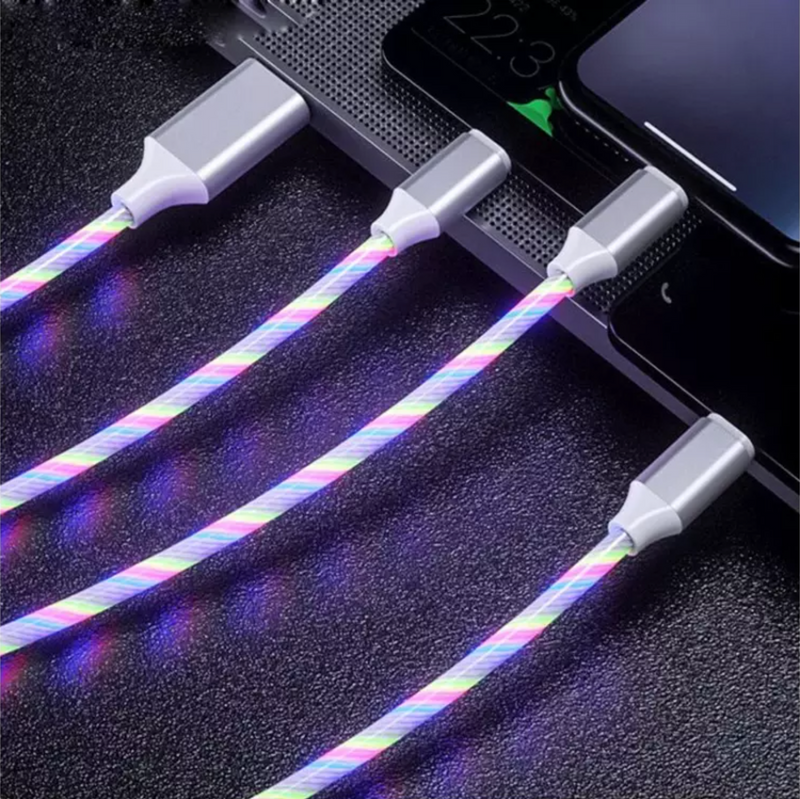 3 in 1 data cable with LED lights. charge 3 devices at the same time; Lightning, micro, and type C