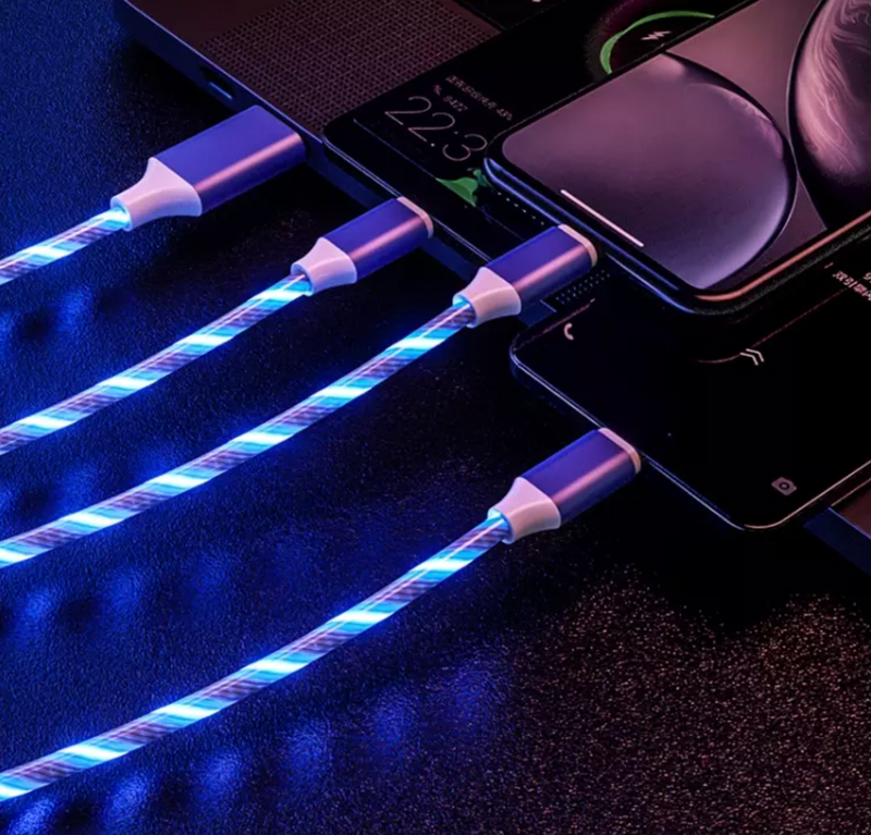 3 in 1 data cable with LED lights. charge 3 devices at the same time; Lightning, micro, and type C