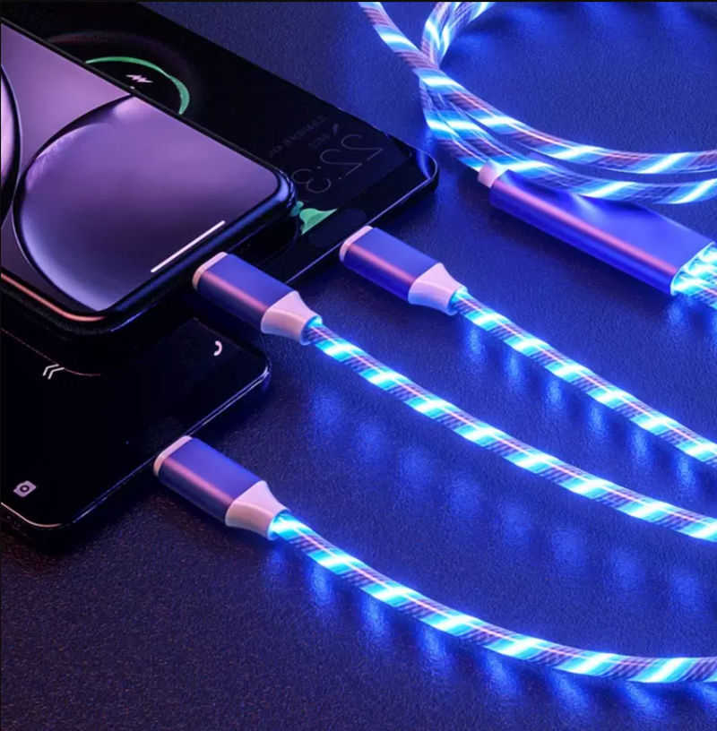 3 in 1 data cable with LED lights. charge 3 devices at the same time; Lightning, micro, and type C