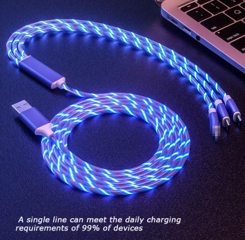 3 in 1 data cable with LED lights. charge 3 devices at the same time; Lightning, micro, and type C