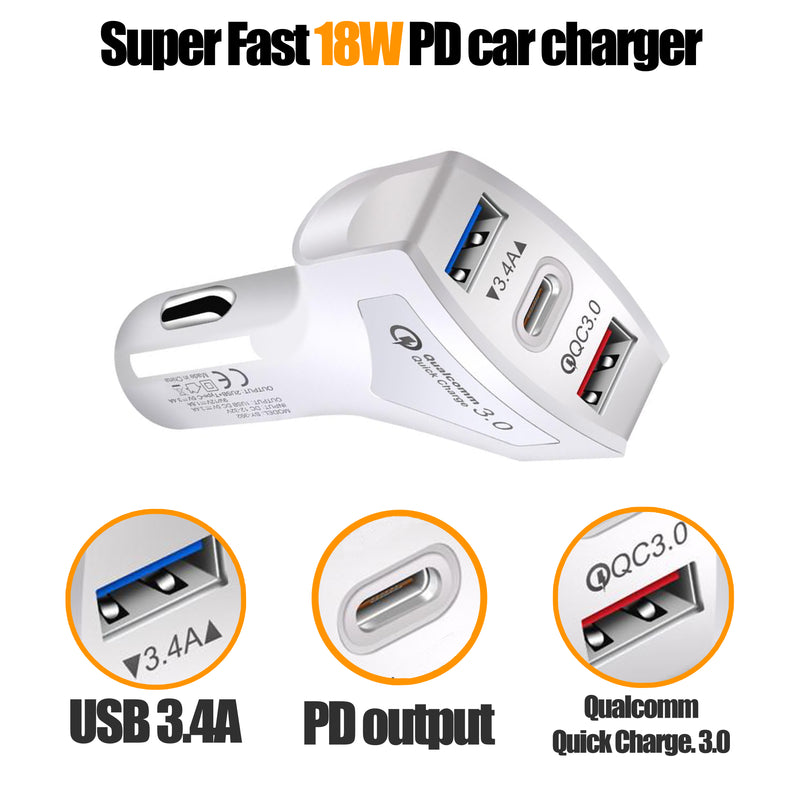 Fast 18w car charger with PD type C output for new phones and USB QC 3.0 output