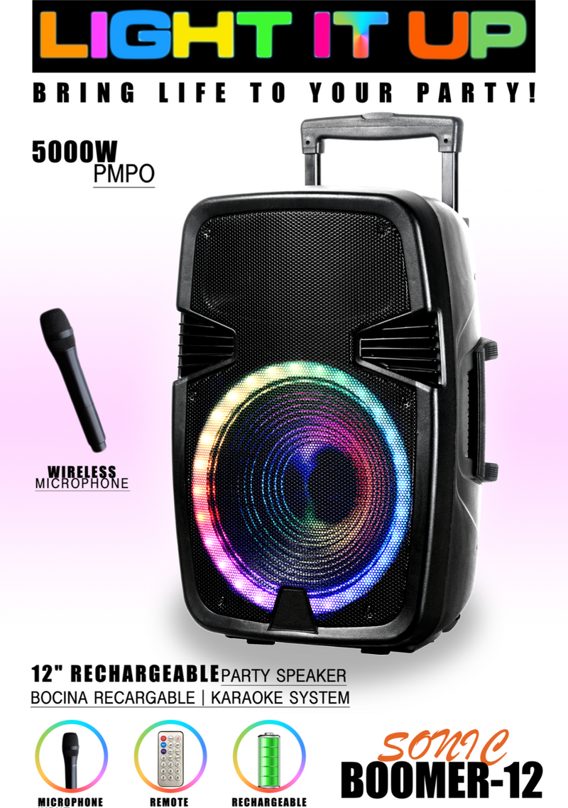 5000 WATTS Peak power Rechargeable bluetooth karaoke speaker with wireless MIC + LED lights